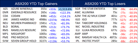 ASX 200 YTD Top Gainers and Loser