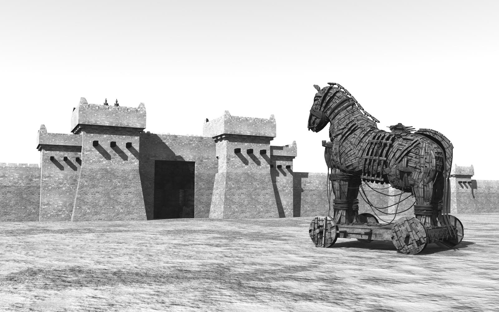 The Trojan Horse stands at the gates of ancient Troy in a black-and-white illustration.