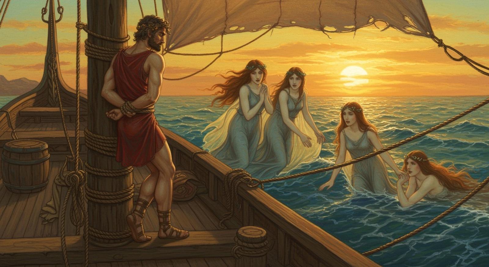 Odysseus, tied to the mast, resists the sirens reaching for him from the sea.