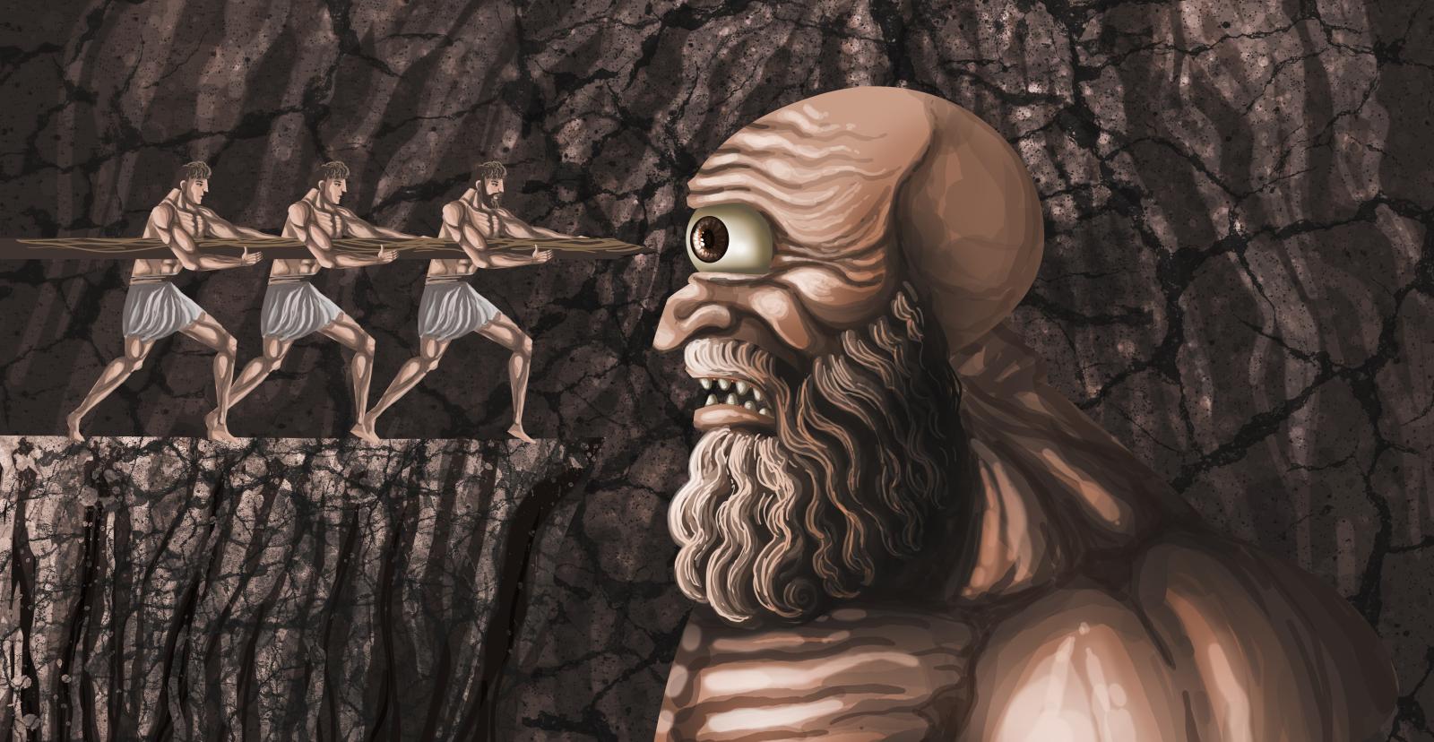 Odysseus and his men drive a wooden stake into the eye of the Cyclops Polyphemus.