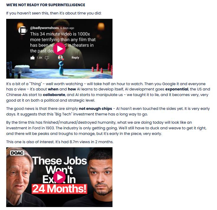 A screenshot of two social media video posts, one titled "This 34 minute video is 100x more terrifying than any film" and another from DOAC titled "These jobs won't exist in 24 months!"
