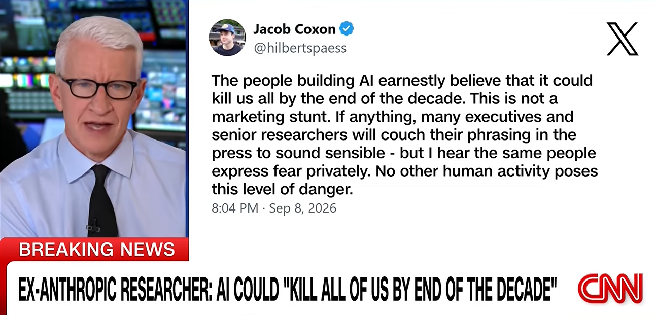 A CNN broadcast screenshot of a man in a TV studio beside a post on X from Jacob Coxon dated 8 September 2026, under the headline "Ex-Anthropic researcher: AI could 'kill all of us by end of the decade'".