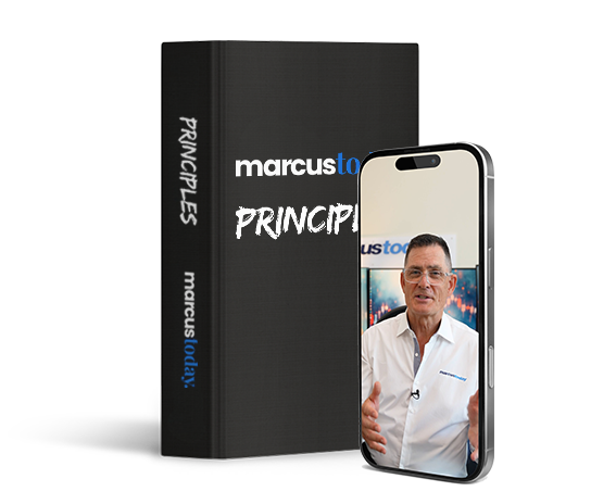 Marcus Today principles book with mobile phone screen of Marcus Padley